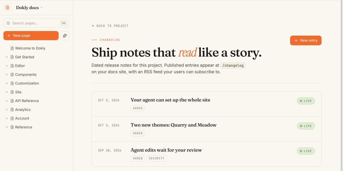 The dashboard Changelog page with a New entry button and a list of entries with their status and tags