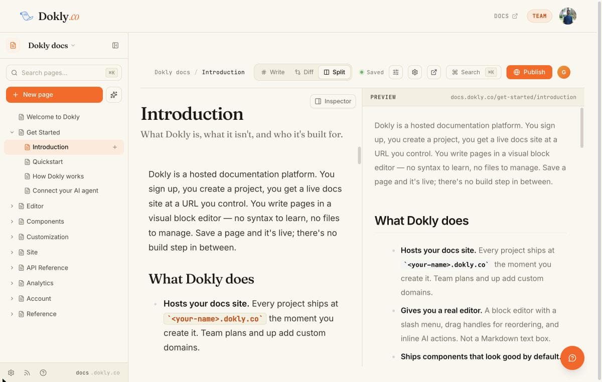 The editor in Split view, with the editor on the left and a rendered preview on the right