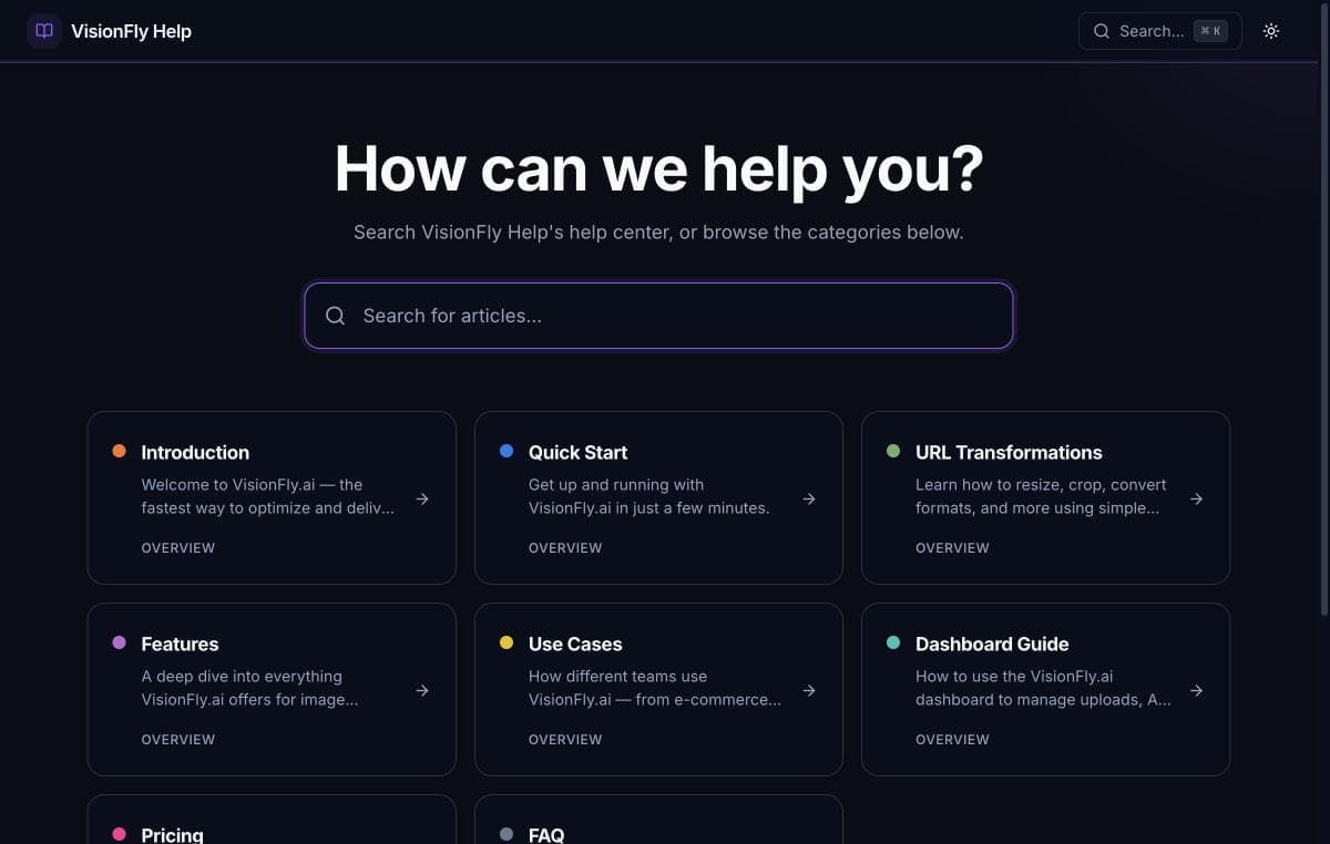 A help-center homepage with a "How can we help you?" search box and category cards