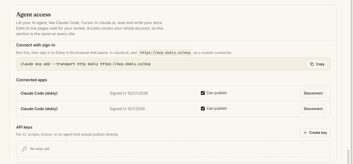 Agent access settings, with the sign-in command, connected apps and API keys
