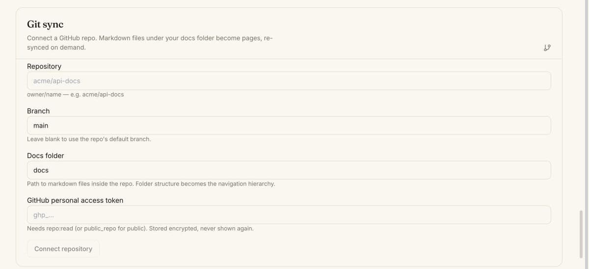 The Git sync section with Repository, Branch, Docs folder and token fields and a Connect repository button